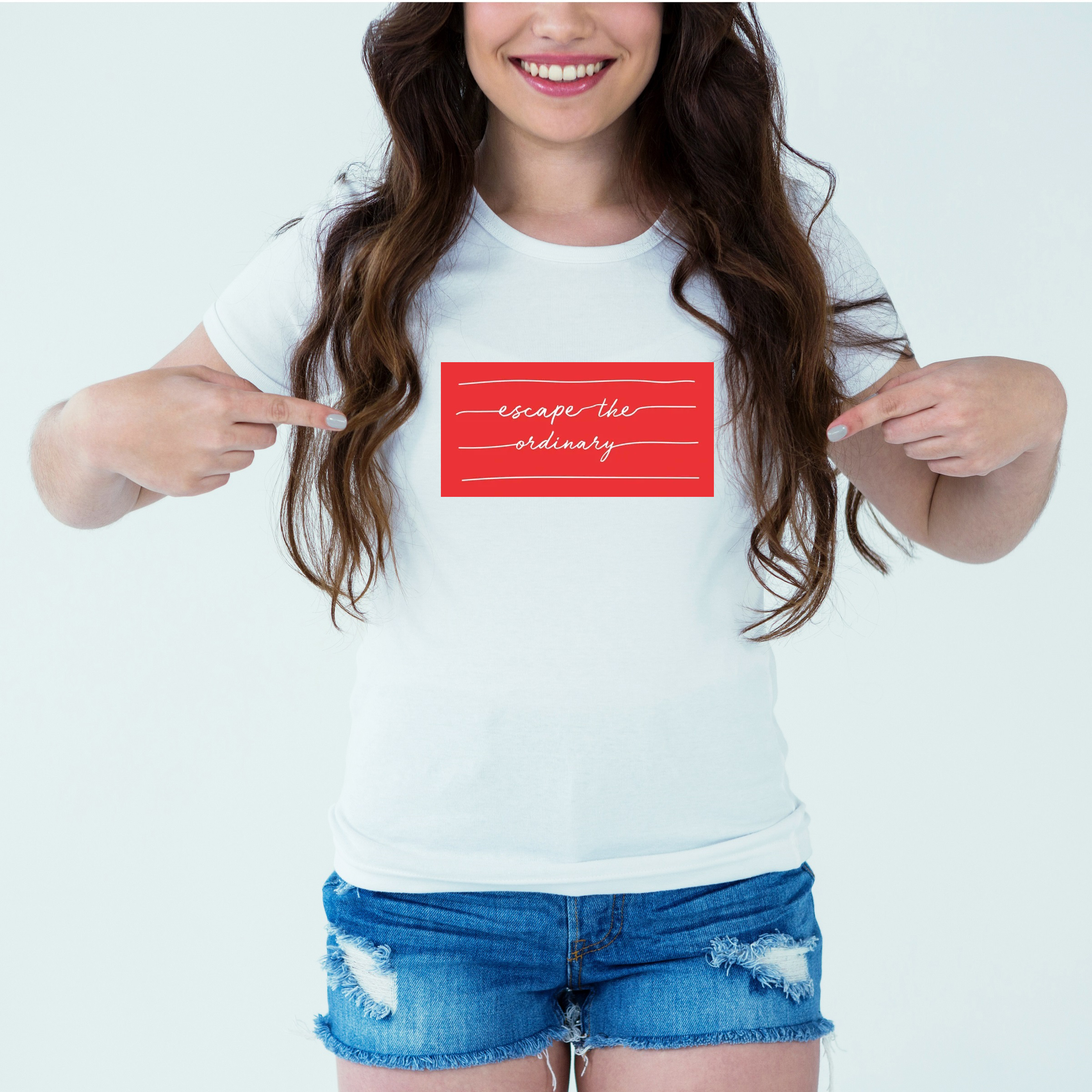 Mockup-Girl-escapetheordinary-red.jpg Designer Printed T-Shirt :: Design type - Escape The Ordinary - Cloth type : Polyester - Image 1