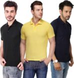 One-H Men's Polo Neck Short Sleeve Casual Tshirt Combo of Dark Blue, Black, Yellow colors (Pack of 3)