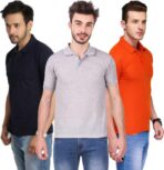 One-H Men's Polo Neck Short Sleeve Casual Tshirt Combo of Dark Blue, Orange, Grey colors (Pack of 3)