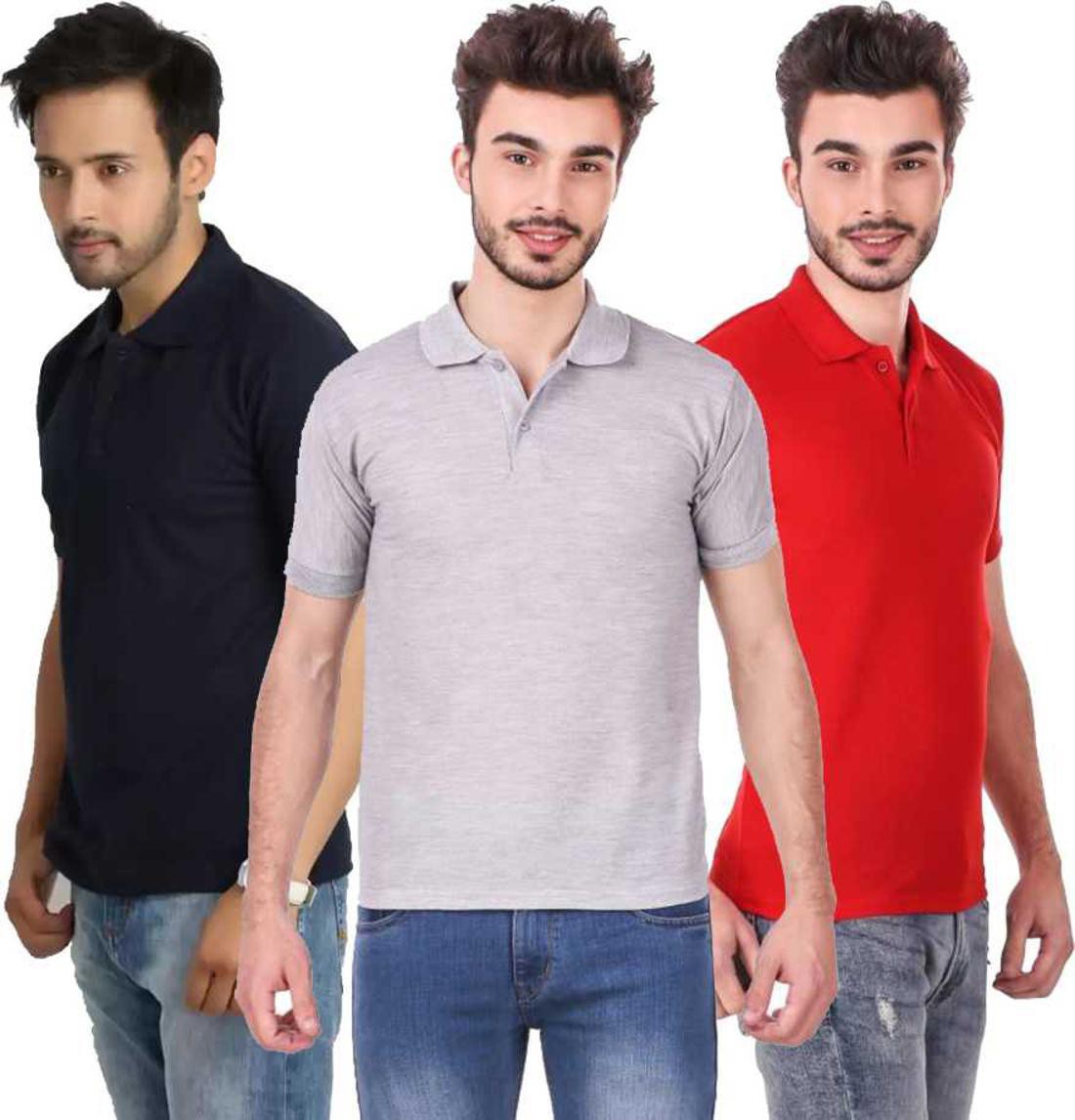 xxl-tshirt-combo-3-darkblue-grey-red-phonicz-retails-original-imafg4dcbkgd75cp.jpeg One-H Men's Polo Neck Short Sleeve Casual Tshirt Combo of Dark Blue, Red, Grey colors (Pack of 3) - Image 1